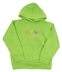 Neónově zelená mikina s nápisom a kapucňou