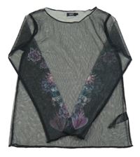 Čierne tylové průsvitné tričko s kvetovanymi rukávy Next