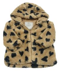 Hnedo-čierna kožušinová podšitá bunda so srdiečkami a kapucňou George
