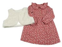 Nové - 2set - Vínové kvetované šaty s límečkem + smotanová kožušinová podšitá vesta Nutmeg