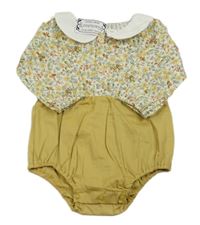 Nové - Bílo-okrové plátěné body s kytičkami a límečkem 