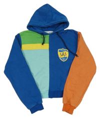 Modro-farebná crop mikina s nášivkou a kapucňou