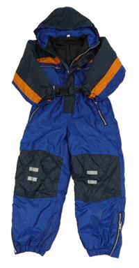Kobaltově modro-tmavomodro-oranžová šusťáková zimní kombinéza s kapucí 