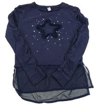 Tmavomodrá mikinová tunika s hviezdičkami a šifonovým volánem Yigga