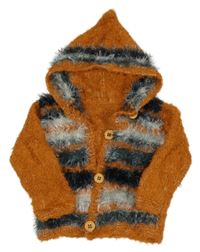 Rezavo-sivý chlpatý prepínaci sveter s kapucňou