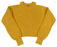 Horčicový rebrovaný oversize crop sveter s volnými rameny New Look
