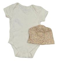 2Set - Biele body PRIMARK + smetanová květovaná čepice zn.- H&M