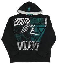 Černo-modrozelená mikina s potiskem a nápisy a kapucí C&A