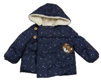 Tmavomodrá prešívaná šušťáková zimná bunda s medvedíkom a hviezdičkami a kapucňou orsolino