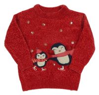 Červený melírovaný žinylkový sveter s tučňáčky a flitrami C&A