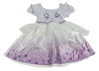 Kostým - Světlešedo-bílo-fialové sametovo/saténové šaty s očima a hvězdičkami a volánky 