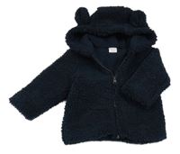 Tmavomodrá huňatá podšitá bunda s kapucňou s uškami F&F