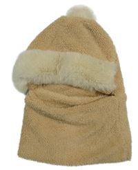 Béžová huňatá kukla s kožešinou a bambulí