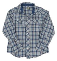 Tmavomodro-světlemodro-růžová kostkovaná košile s nápisy H&M