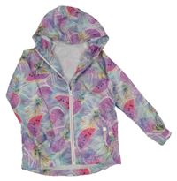 Fialovo-pomněnkovo-modrá vzorovaná šusťáková jarní bunda s ananasy a melouny a kapucí Tu