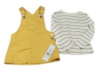 2set - Žluté riflové laclové šaty + smetanovo-černé pruhované žebrované triko F&F