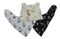3set - Smotanová bavlnená čapica so zvířaty + černý šátek s písmeny + bílý so stany