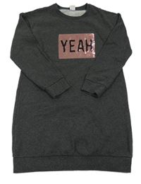 Antracitové melírované teplákové šaty s nápisem z flitrů C&A