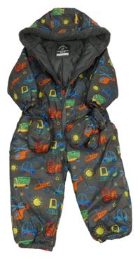 Tmavosivá šušťáková zimná kombinéza s dopravními prostředky a kapucí + rukavice zn. George