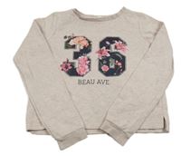 Ružovo-sivá melírovaná crop mikina s číslom s kvetmi H&M