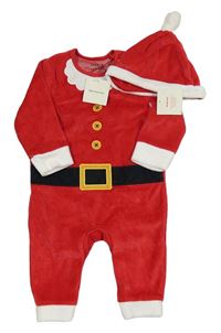Nové - 2set - Červený sametový overal + čepice - Santa Tu