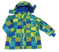 Limetkovo-modrozeleno-modrá kockovaná šušťáková lyžiarska bunda s kapucňou Orchestra