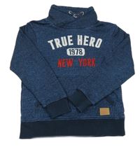 Tmavomodrá melírovaná mikina s nápisom a komínovým golierom H&M