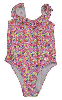 Růžovo-barevné květované jednodílné plavky s volánem Primark