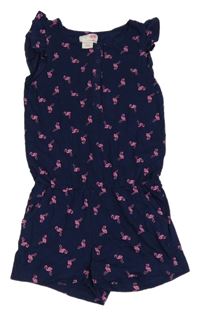 Tmavomodrý bavlnený kraťasový overal s plameňáky Pocopiano