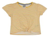 Hořčicovo-biele pruhované crop tričko s uzlom Pocopiano