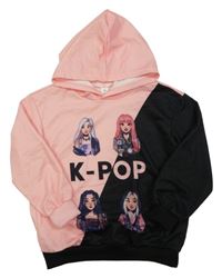 Ružovo-čierna mikina s K-pop a kapucňou Shein