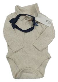 Nové - 2 set - béžové žebrované body s medvědem + tmavomodrý motýlek F&F
