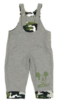 Šedo-khaki-černo-bílé laclové tepláky s army prvky a Mickeym Disney