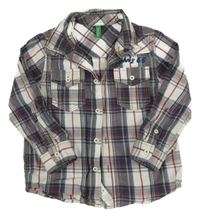 Tmavomodro-bílo-vínová kostkovaná košile s nápisem Benetton