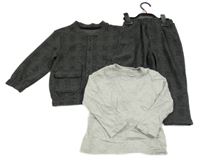 3set - Černo-šedá kostkovaná propínací mikina + kalhoty + světlešedé melírované triko 