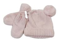 Nové - 2set - Růžová žinylková čepice s bambulemi + žinylkové pletené rukavice 