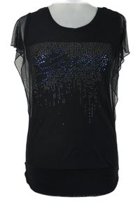 Dámská černá tylová halenka nápisem z kamínků 