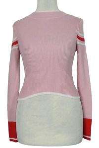 Dámsky ružovo-červený rebrovaný crop sveter s pruhmi Topshop