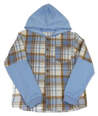 Bílo-hnědo-modrá kostkovaná košilová bunda s kapucí 