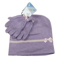 Nové - 2set- fialová čepice s proužkem+ rukavice