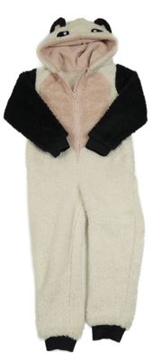 Bílo-růžovo-černá chlupatá kombinéza s kapucí- panda Nutmeg