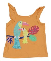 Oranžový top s vtáčky a volány