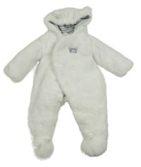 Biela chlpatá zateplená kombinéza s medvedíkom a kapucňou