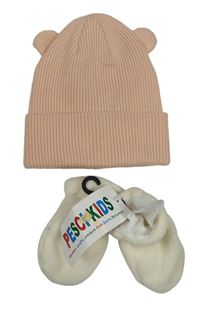 2set - Růžová žebrovaná čepice s oušky + smetanové fleecové rukavice