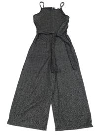 Čierno-strieborný pruhovaný ľahký culottes overal s opaskom Candy