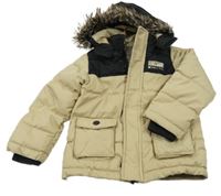 Černo-béžová šusťáková zimní bunda s nápisem a kapucí Kiki&Koko