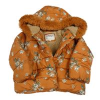 Rezavá šusťáková prošívaná zimní bunda s kytičkami a kapucí M&S