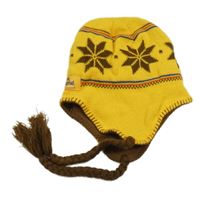 Žluto-hnědá pletená podšitá ušanka so vzorom