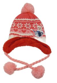 Jahodovo-bíllá vzorovaná pletená zateplená ušanka s Elsou Disney