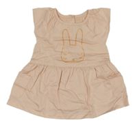 Broskvové plátenné balonové šaty so zajačikom Vertbaudet